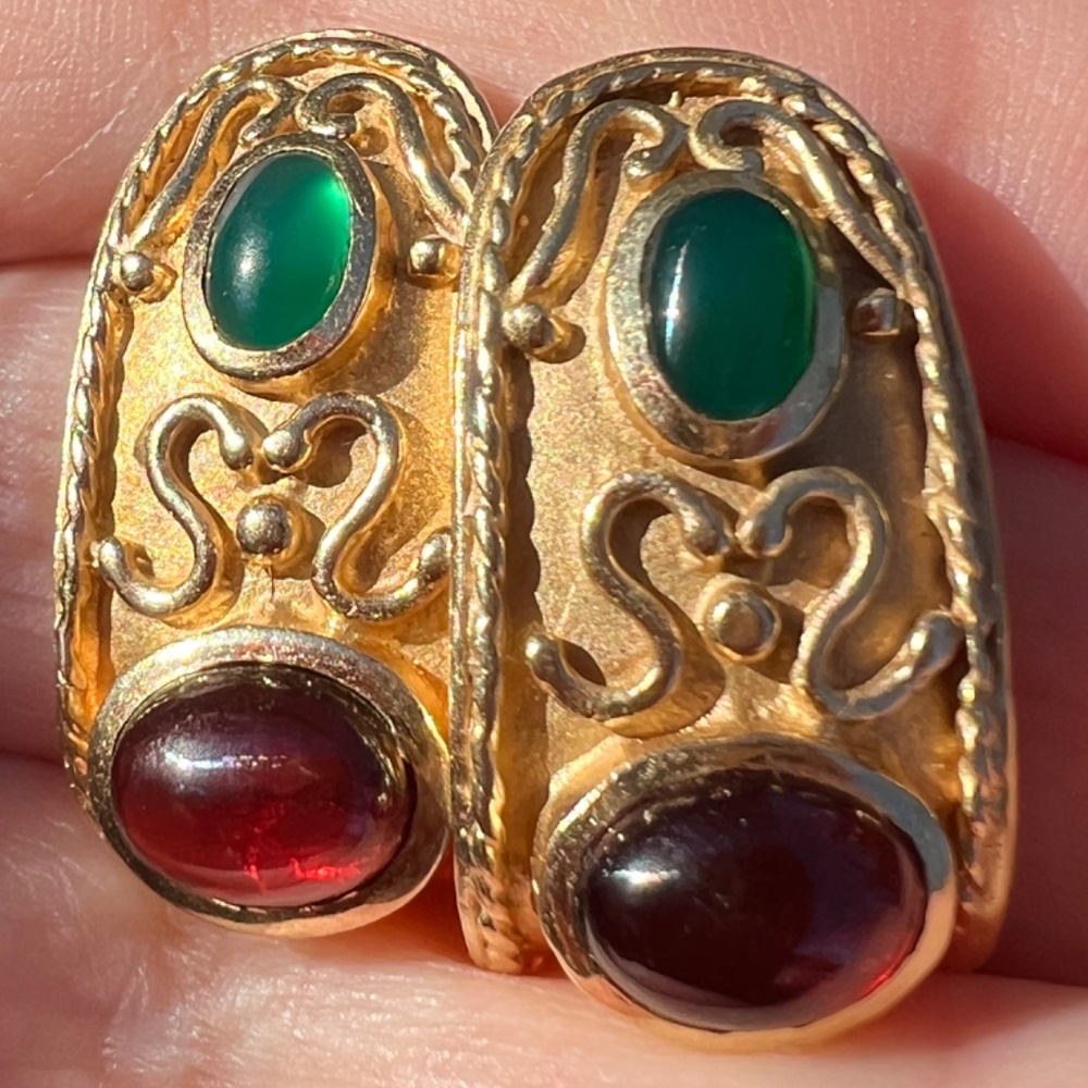 VINTAGE 14K GOLD CABOCHON GARNET GREEN CHRYSOPRASE EARRINGS STATEMENT CUSTOM - Picture 5 of 16